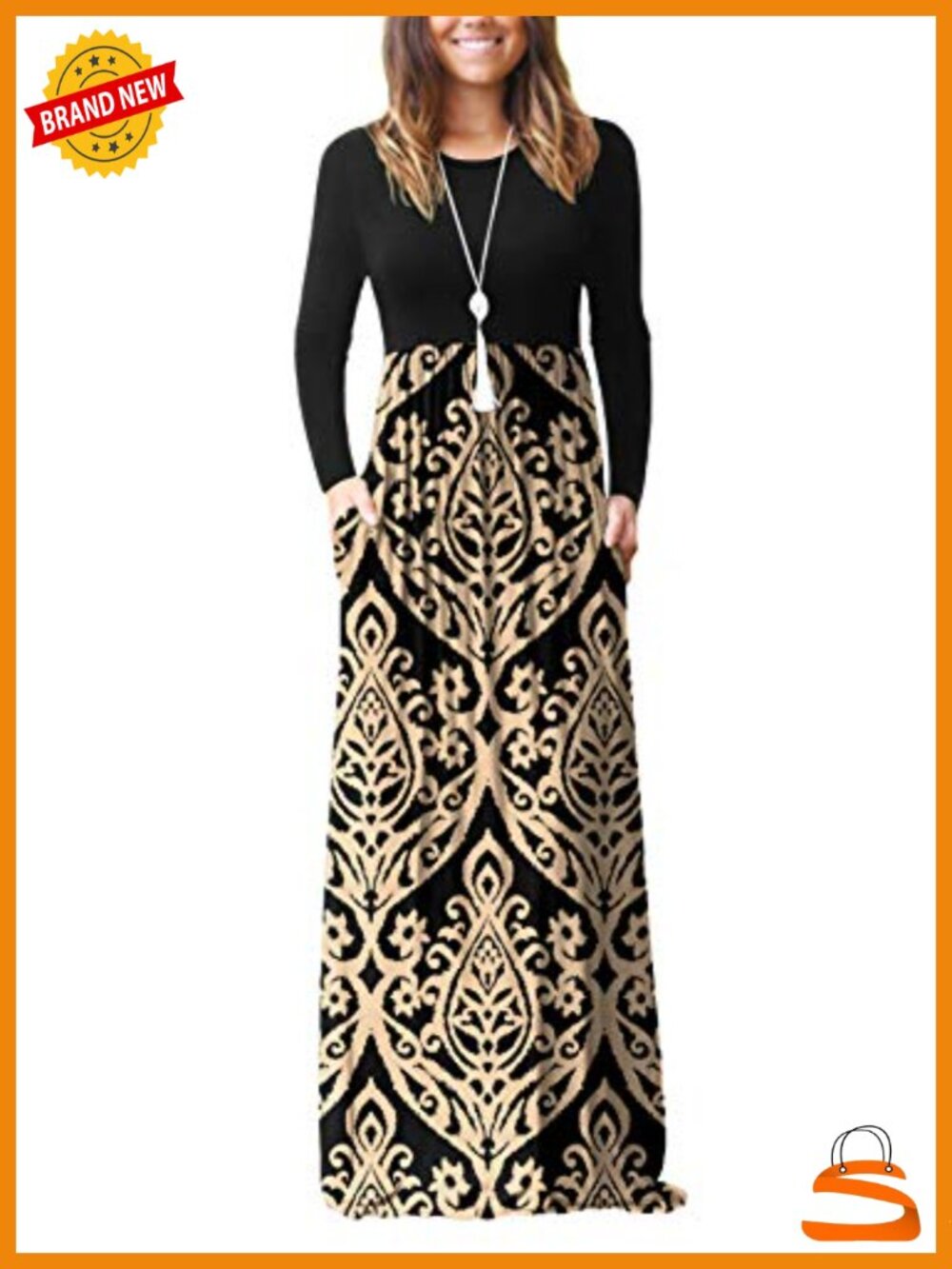 Women's Long Sleeve Maxi Dress Crew Neck Stretchy Flowy with Pockets